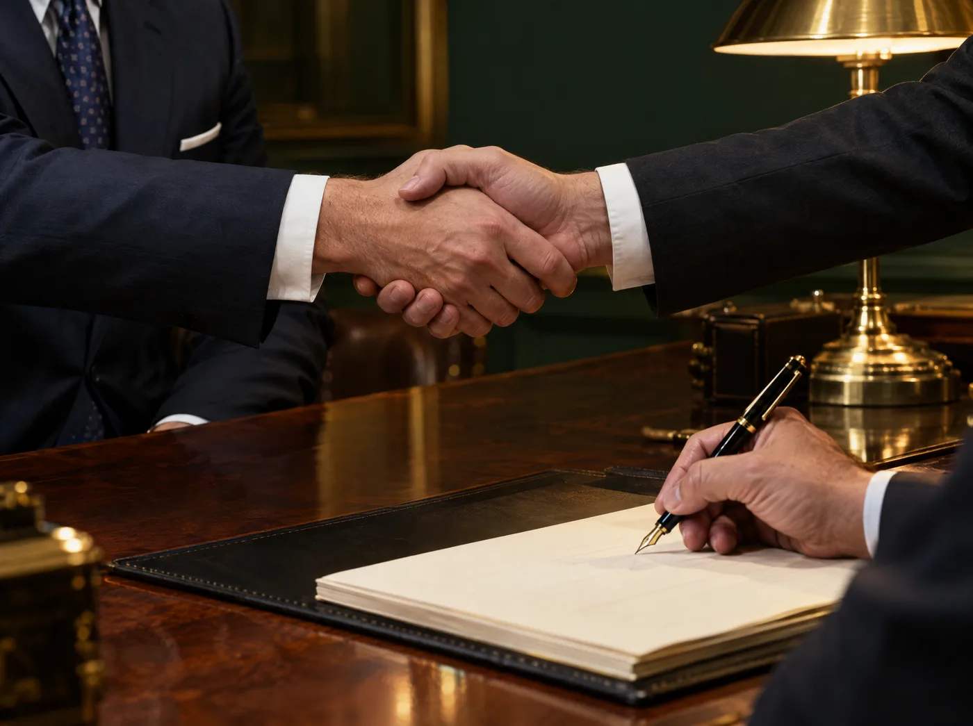 Poignée de main au-dessus d'un bureau en noyer, un stylo plume signe un acte