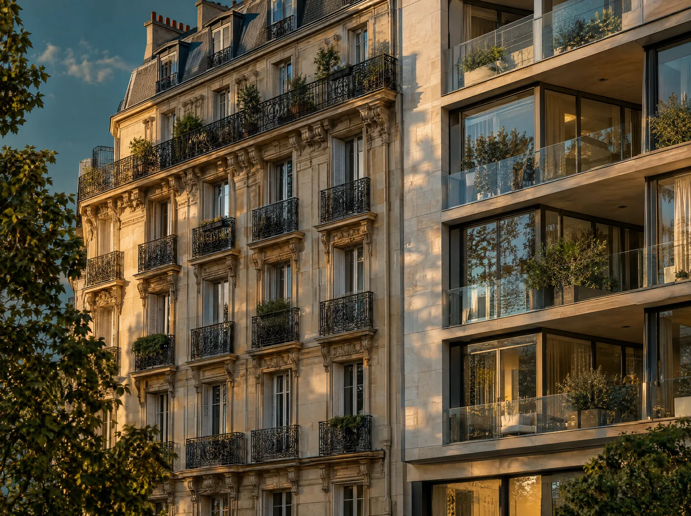 Façade haussmannienne à côté d'un immeuble contemporain