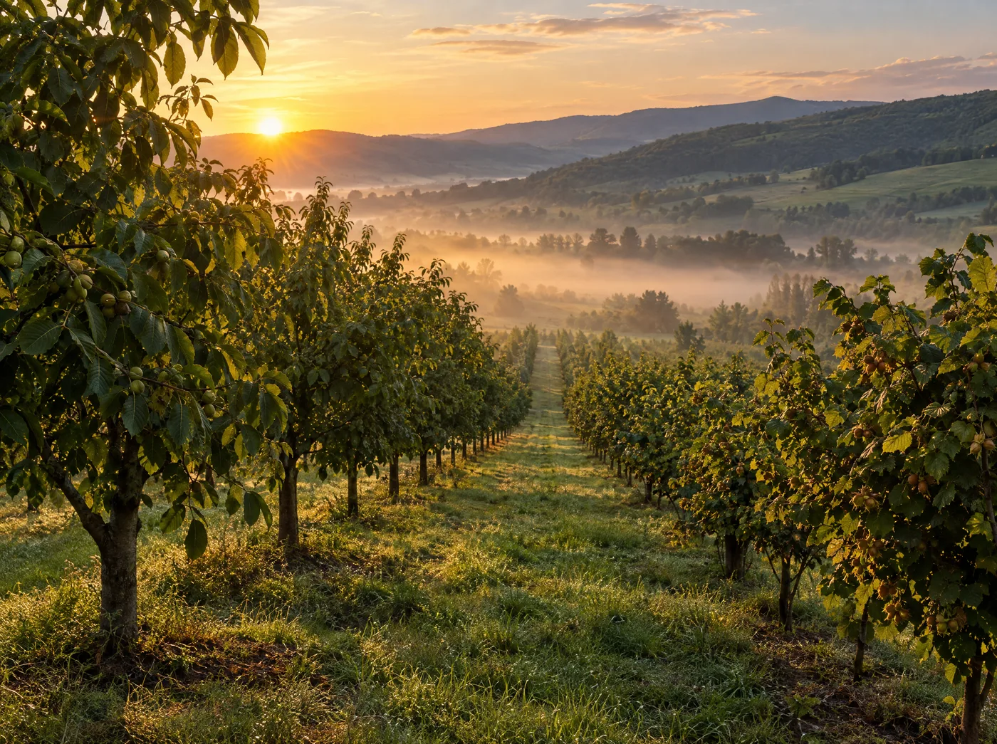 Verger de noyers au lever du soleil